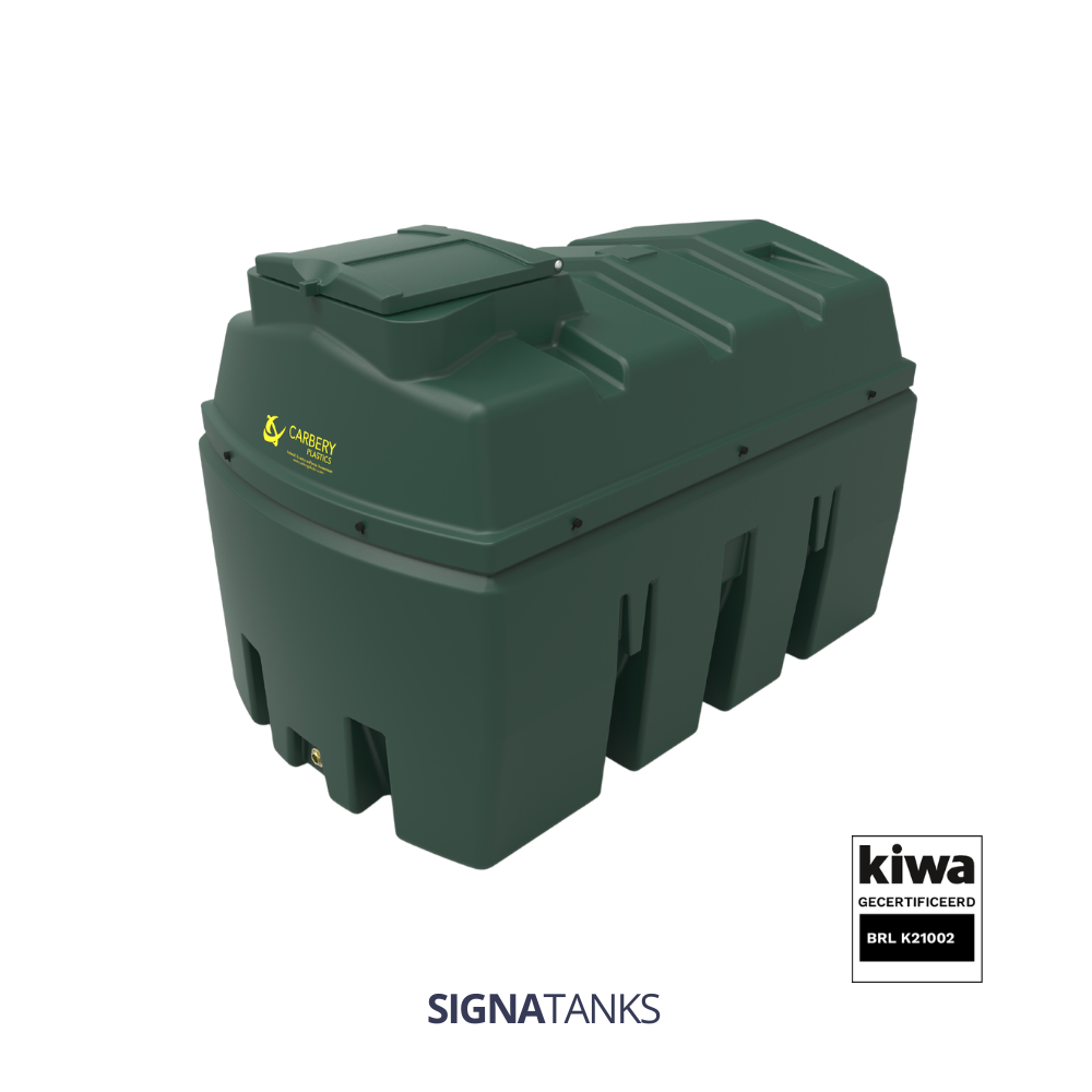 Dieseltank 2500L (KIWA), Horizontaal zonder Pompkast, Carbery Plastics (Geen certificaat, Piusi Panther 56, 3-Cijferig Telwerk (K33), Kleine filter: 260HS-II-30, Afgifteslang 5m (buiten de kast))