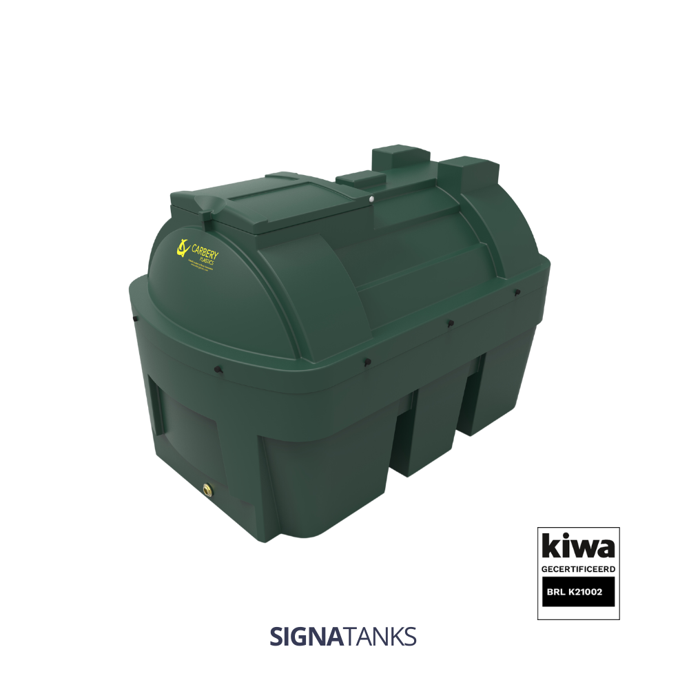 Dieseltank 1350L (KIWA), Horizontaal zonder Pompkast, Carbery Plastics (Geen certificaat, Piusi Panther 56, 3-Cijferig Telwerk (K33), Kleine filter: 260HS-II-30, Afgifteslang 5m (buiten de kast))